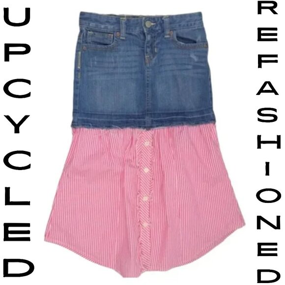 OLD NAVY Refashioned Up-cycled Long Denim Jean Striped Shirt Skirt - Girl's 7 - Picture 1 of 7